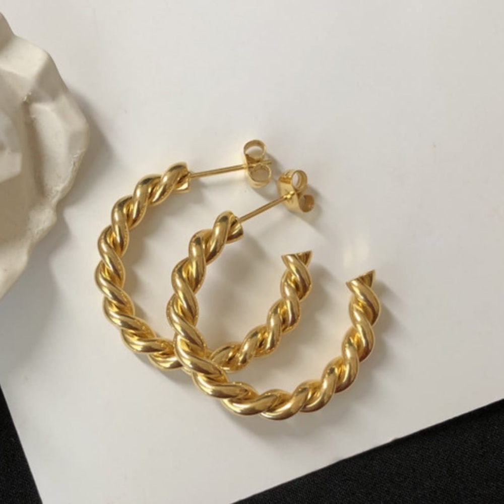 New Chunky 18k Gold Plated Sterling Silver Twisted Push Back Lux Hoop Earrings - Picture 12 of 17